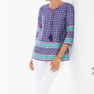 NWT Chico's Whimsy Popover Blouse Women Size XL(16) Majestic Blue Tassel Detail